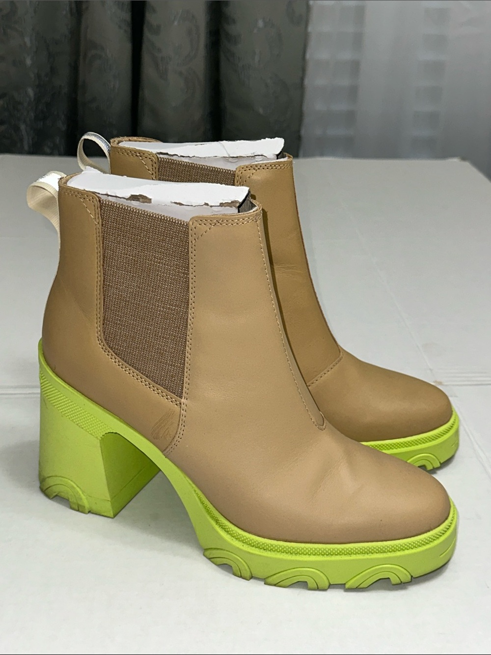 Sorel‎ Brex Platform Heel Ankle Boot Chelsea Waterproof Leather Tan Green 10